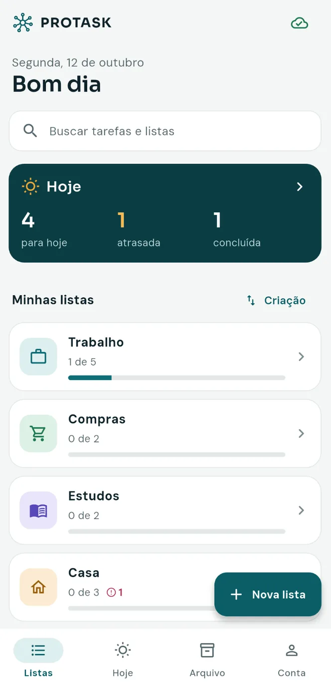 ProTask — tela inicial com as listas